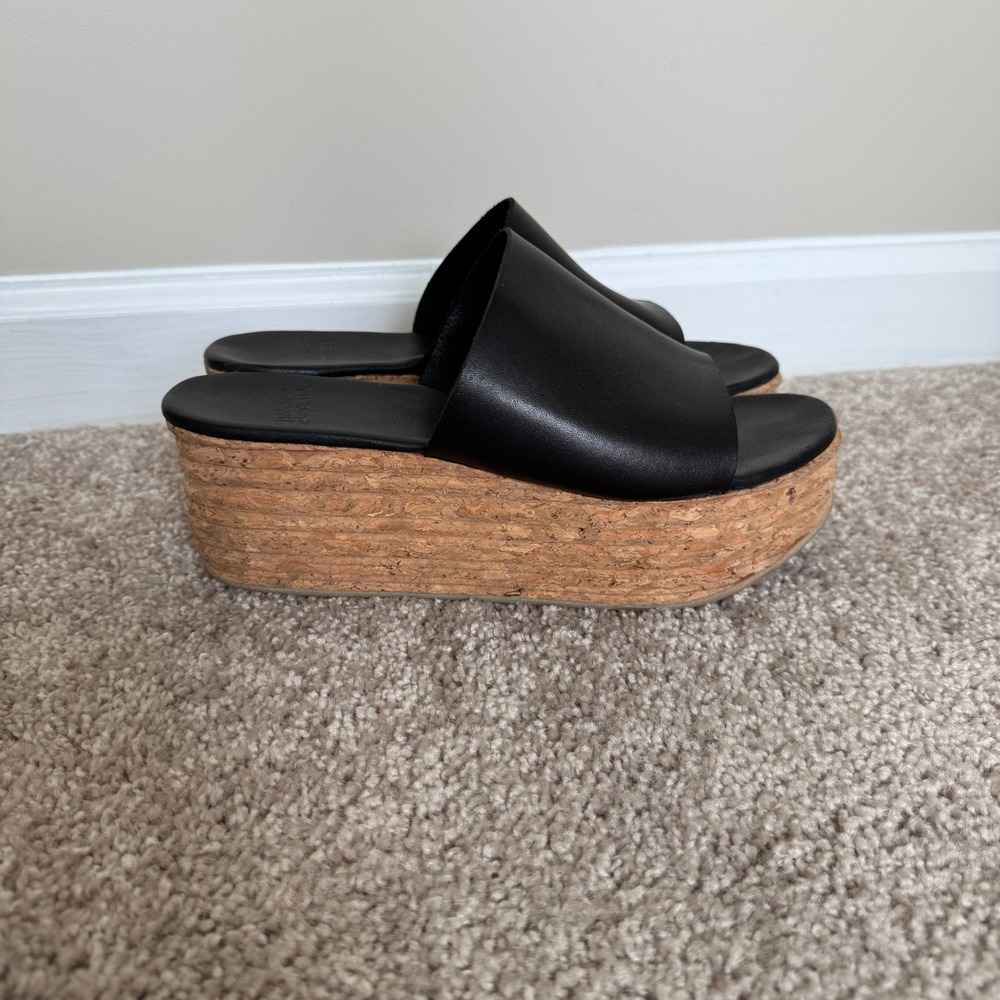 Jeffrey Campbell Black Leather Cork‎ Platform Wedge Slide Sandals Mules Size 39
